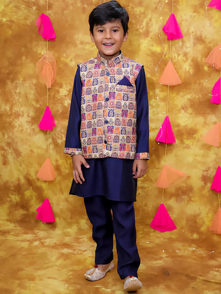 Kids Navy Blue Kurta Pyjama Set with Vibrant Digital Print Jacket