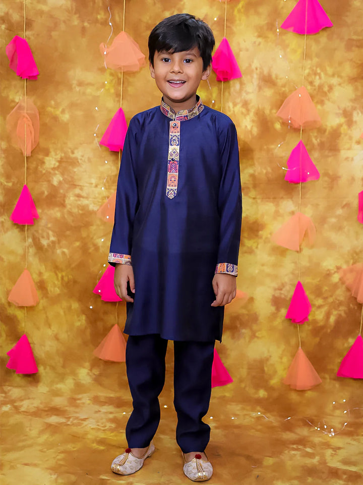 Kids Navy Blue Kurta Pyjama Set with Vibrant Digital Print Jacket