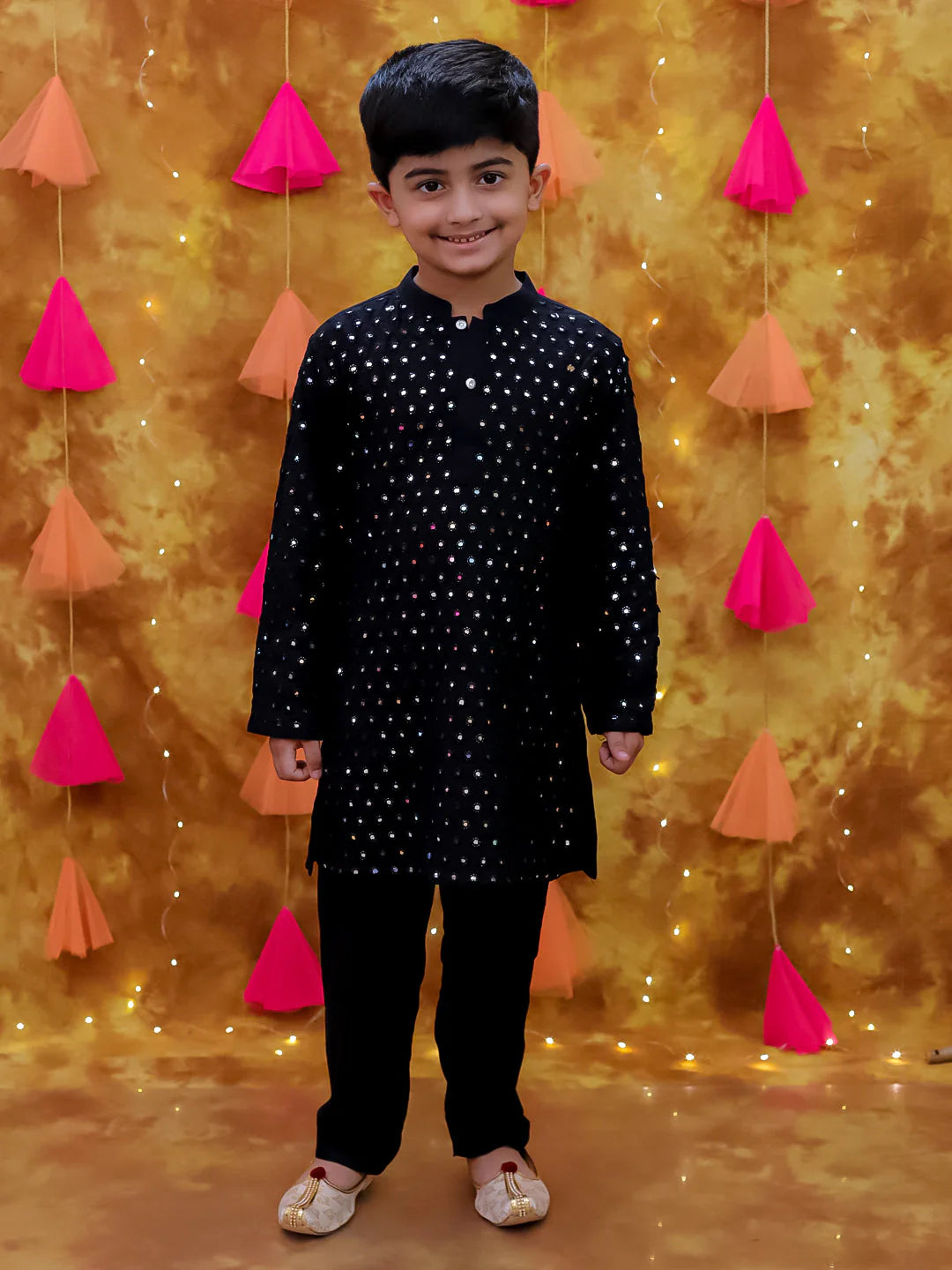 Boys' Embellished Black Ethnic Kurta Set