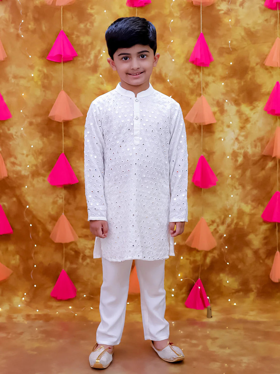 Boys' Embellished White Ethnic Kurta Set