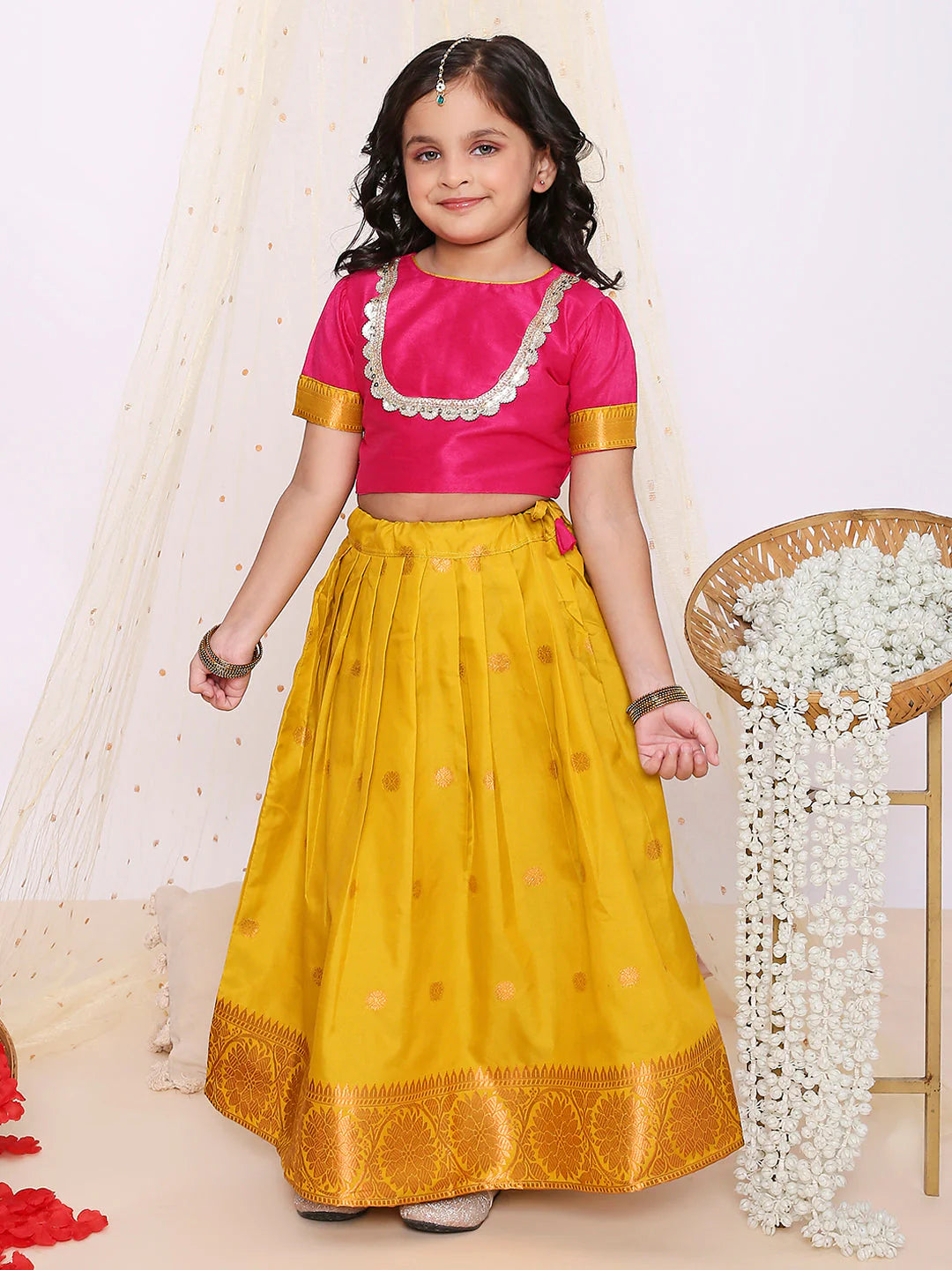 Jacquard Pattu Pavadai – Pink and Yellow Lehenga Choli