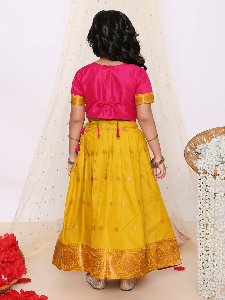 Jacquard Pattu Pavadai – Pink and Yellow Lehenga Choli