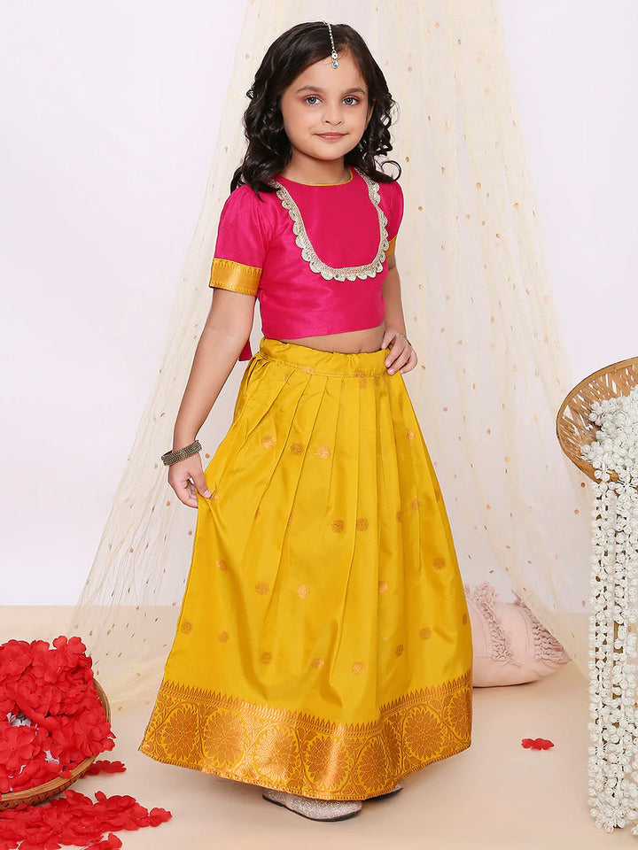 Jacquard Pattu Pavadai – Pink and Yellow Lehenga Choli