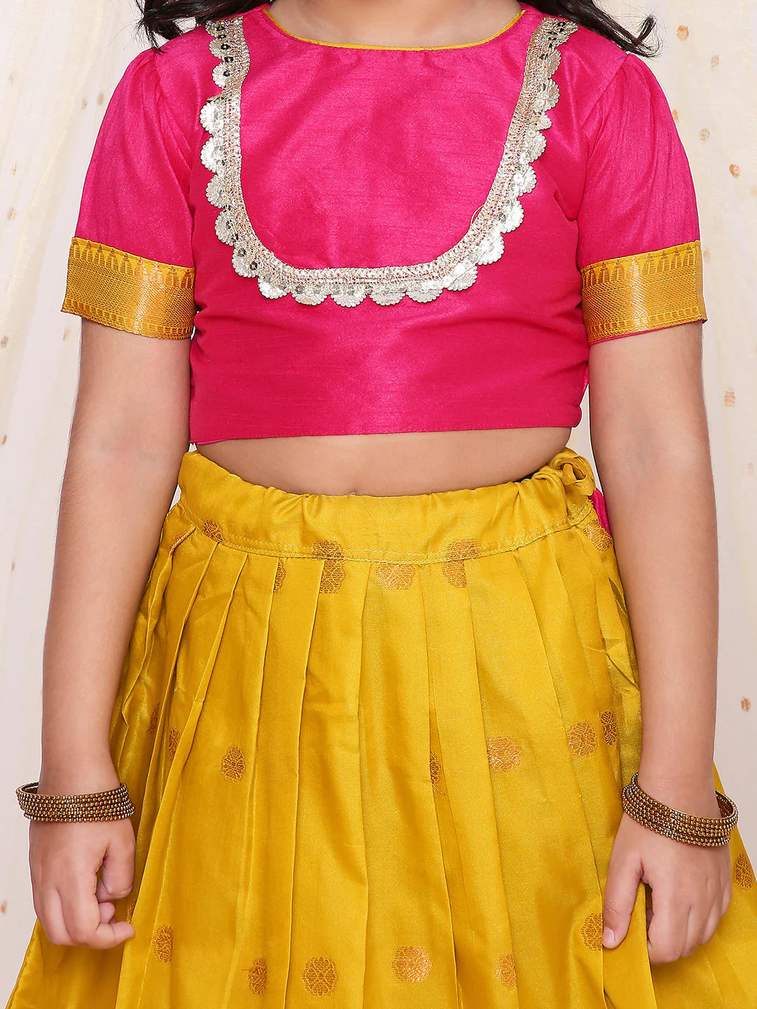 Jacquard Pattu Pavadai – Pink and Yellow Lehenga Choli